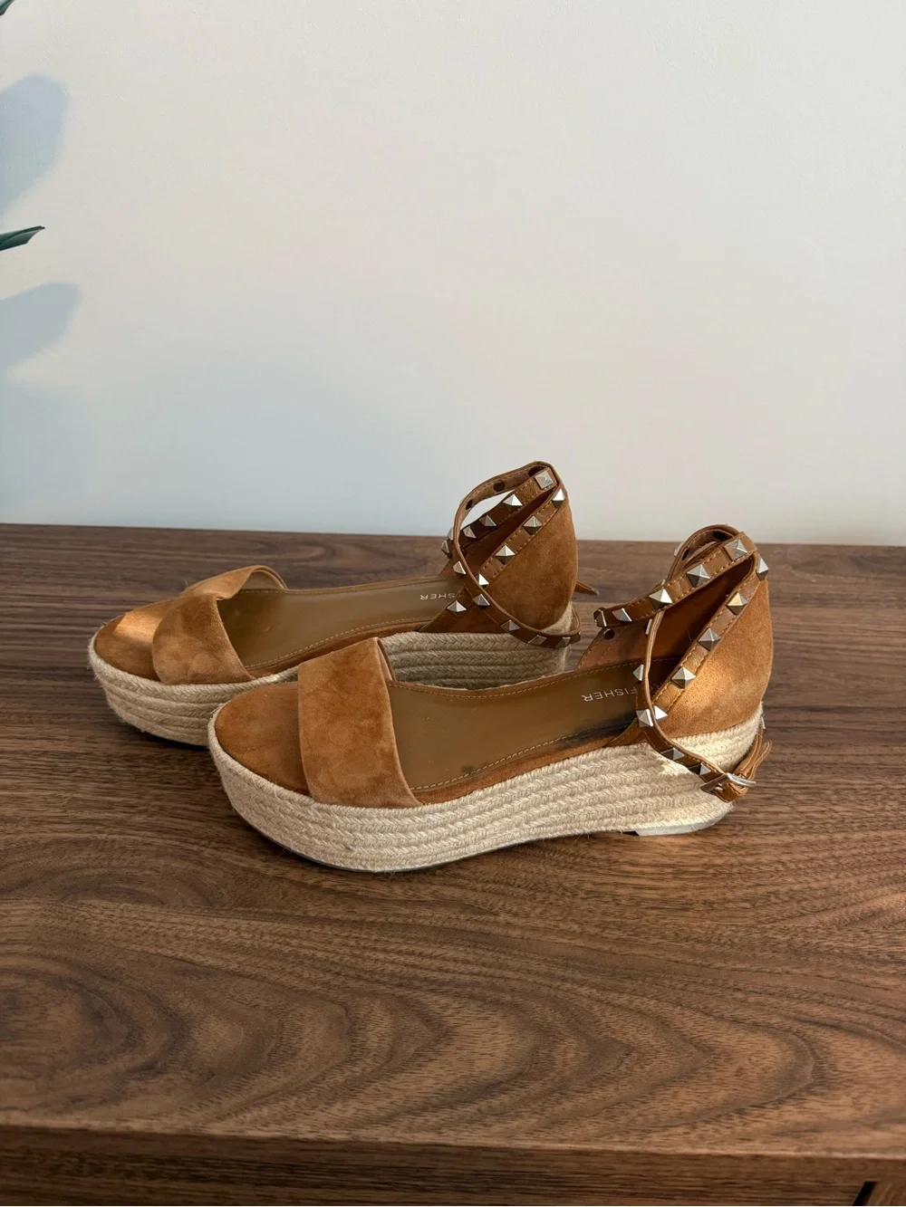 Marc Fisher Tan Suede Studded Ankle-Strap Espadrille Wedges
